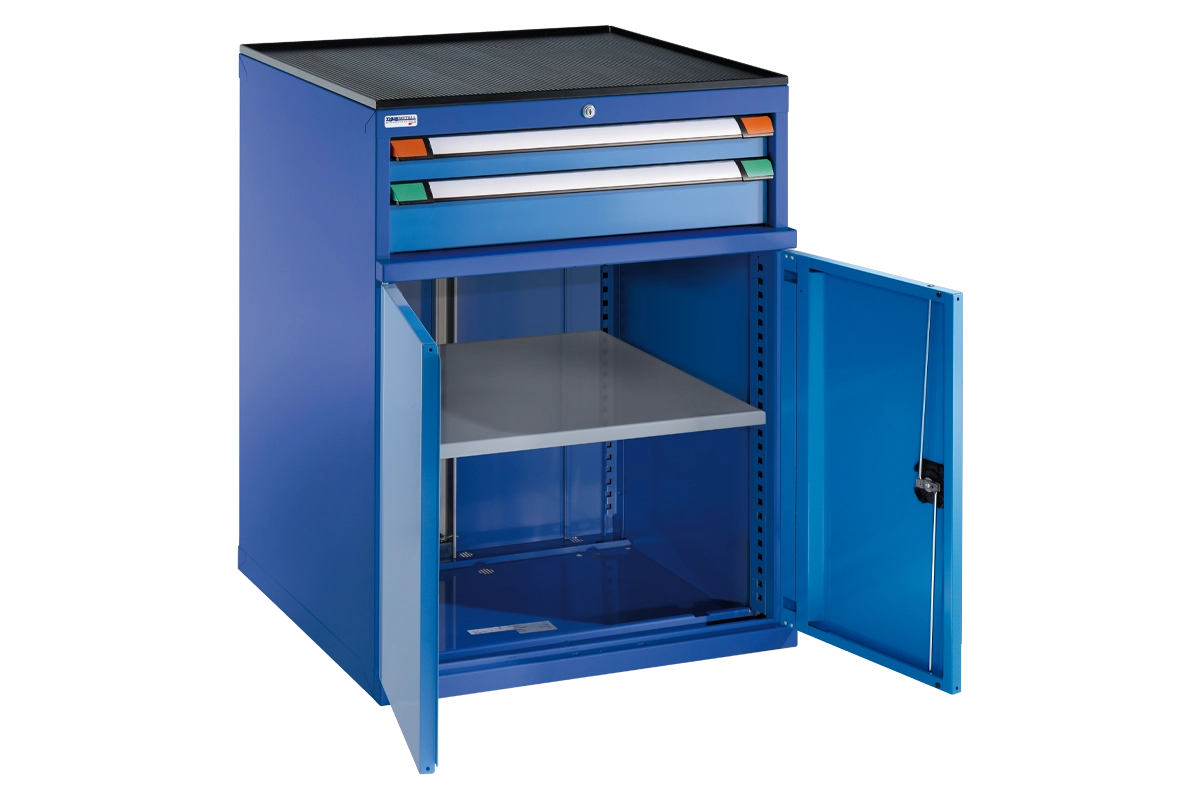 Drawer cabinets with hinged or sliding doors